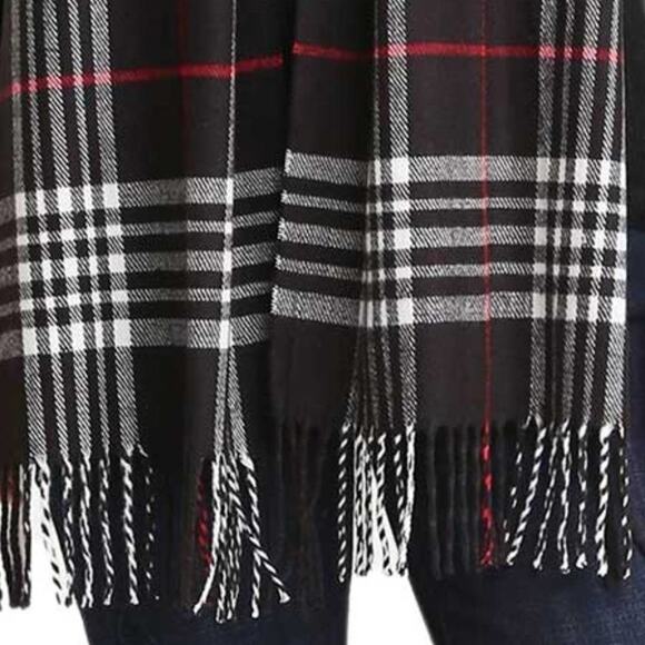 Janice Apparel Women's Faux Cashmere Scarf Black Plaid & Fringe Italian Design - Picture 5 of 9